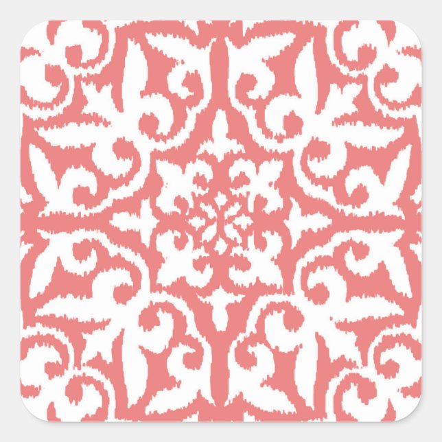 Ikat damask pattern - Coral Pink and White Square Sticker (Front)