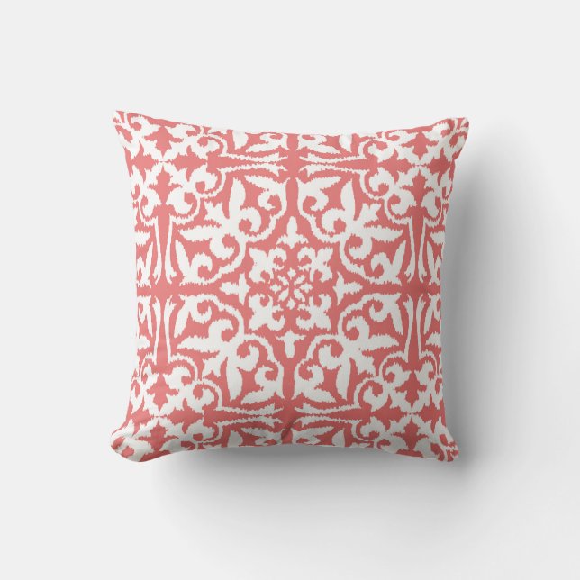 Ikat damask pattern - Coral Pink and White Throw Pillow (Front)