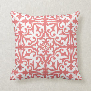 Ikat damask pattern - Coral Pink and White Throw Pillow