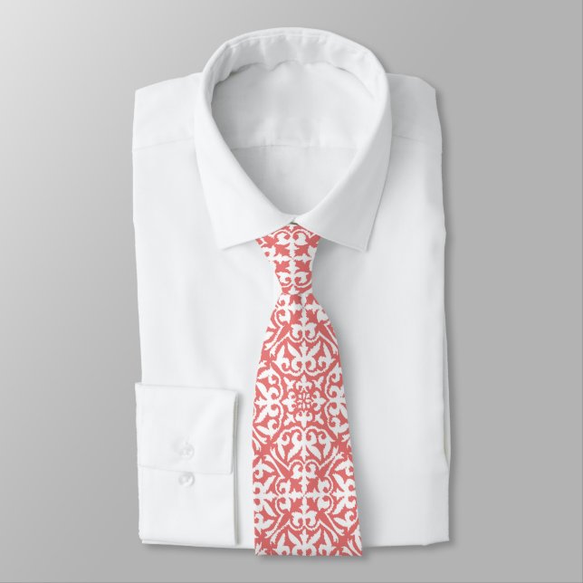 Ikat damask pattern - Coral Pink and White Tie (Tied)