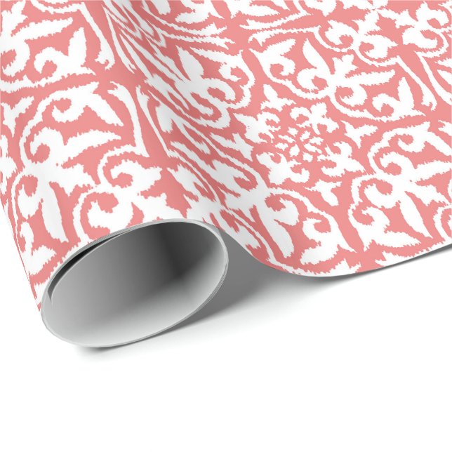 Ikat damask pattern - Coral Pink and White Wrapping Paper (Roll Corner)
