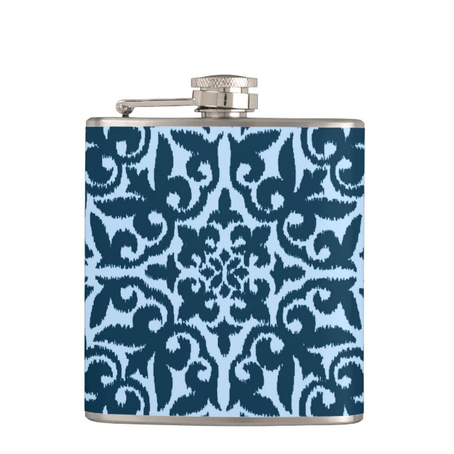 Ikat damask pattern - Dark Indigo and Light Blue Hip Flask (Front)