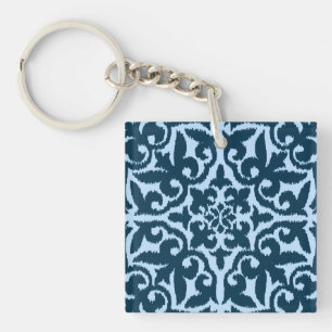 Ikat damask pattern - Dark Indigo and Light Blue Keychain