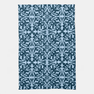 Ikat damask pattern - Dark Indigo and Light Blue Kitchen Towel