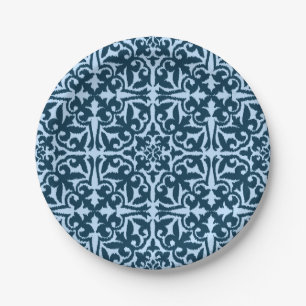 Ikat damask pattern - Dark Indigo and Light Blue Paper Plate