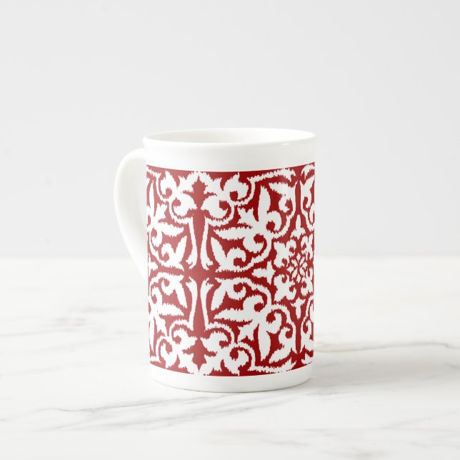 Ikat damask pattern - Dark Red and White Bone China Mug (Front Left)