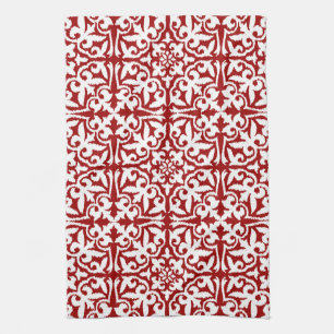 Ikat damask pattern - Dark Red and White Kitchen Towel