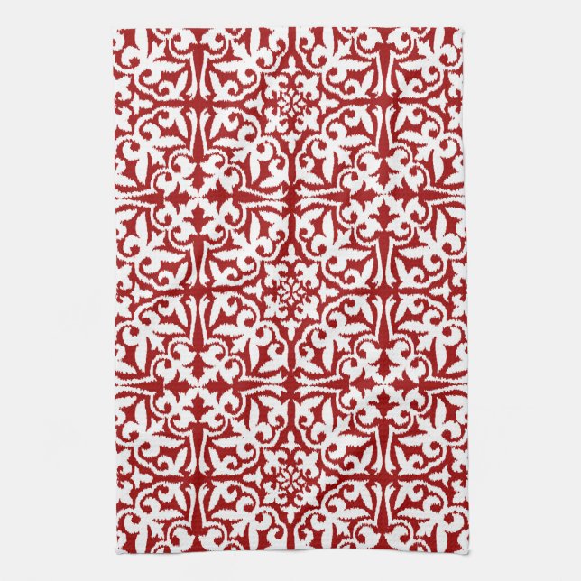 Ikat damask pattern - Dark Red and White Kitchen Towel (Vertical)