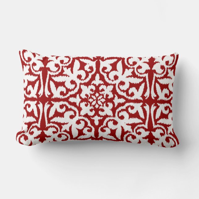 Ikat damask pattern - Dark Red and White Lumbar Pillow (Front)