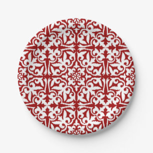 Ikat damask pattern - Dark Red and White Paper Plate