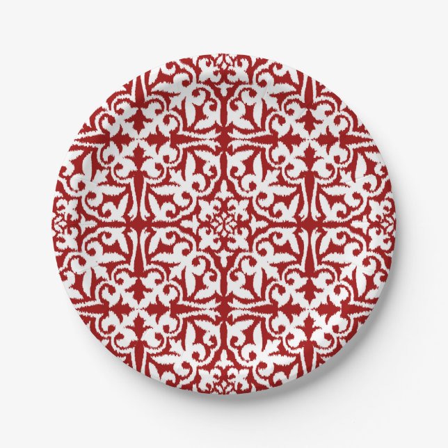 Ikat damask pattern - Dark Red and White Paper Plate (Front)