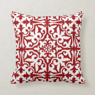 Ikat damask pattern - Dark Red and White Throw Pillow