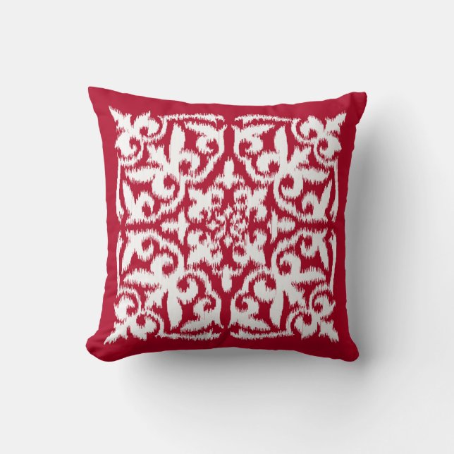 Ikat damask pattern - dark red and white throw pillow (Front)