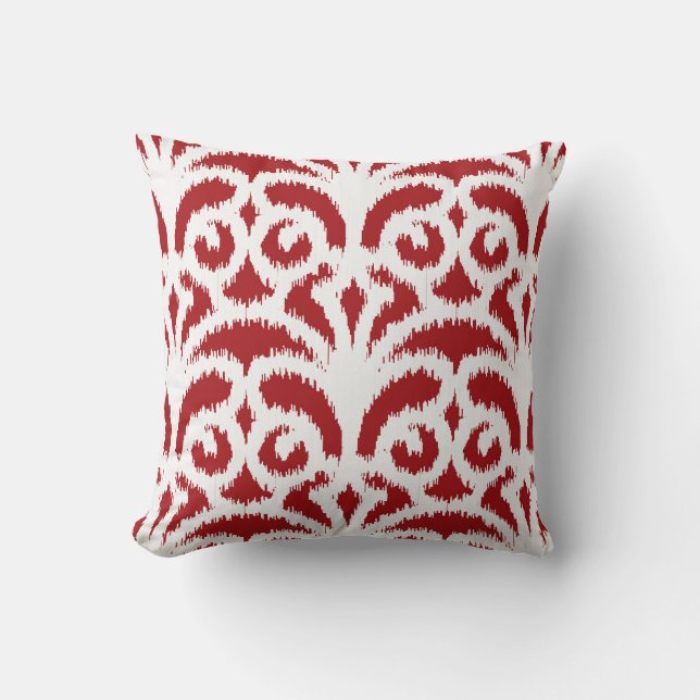 Ikat damask pattern - Dark red and white Throw Pillow (Front)