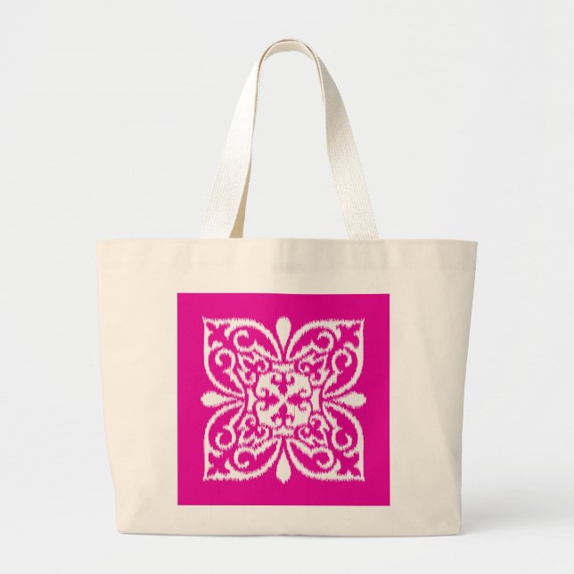 Ikat damask pattern - deep pink and white large tote bag (Front)