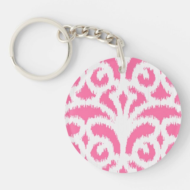 Ikat damask pattern - Fluorescent Pink Keychain (Front)
