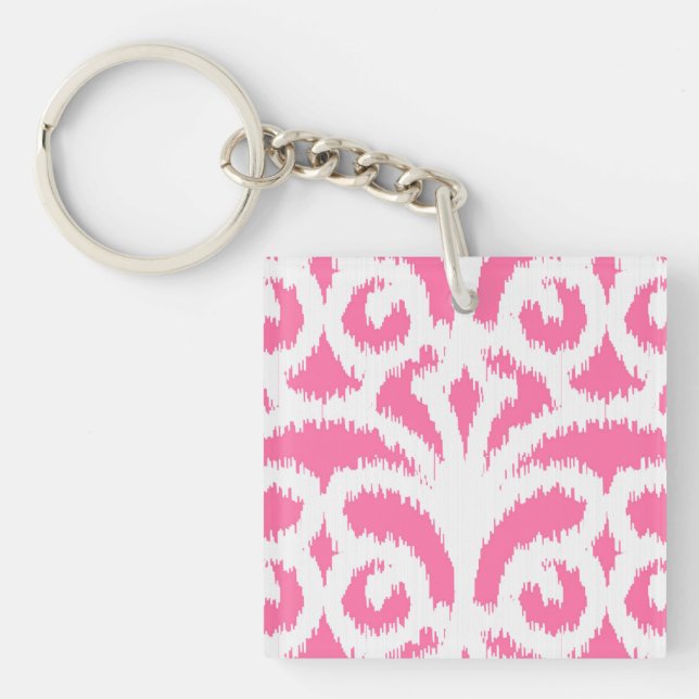 Ikat damask pattern - Fluorescent Pink Keychain (Front)