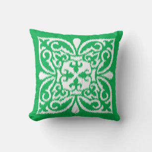 Ikat damask pattern - jade green and white throw pillow