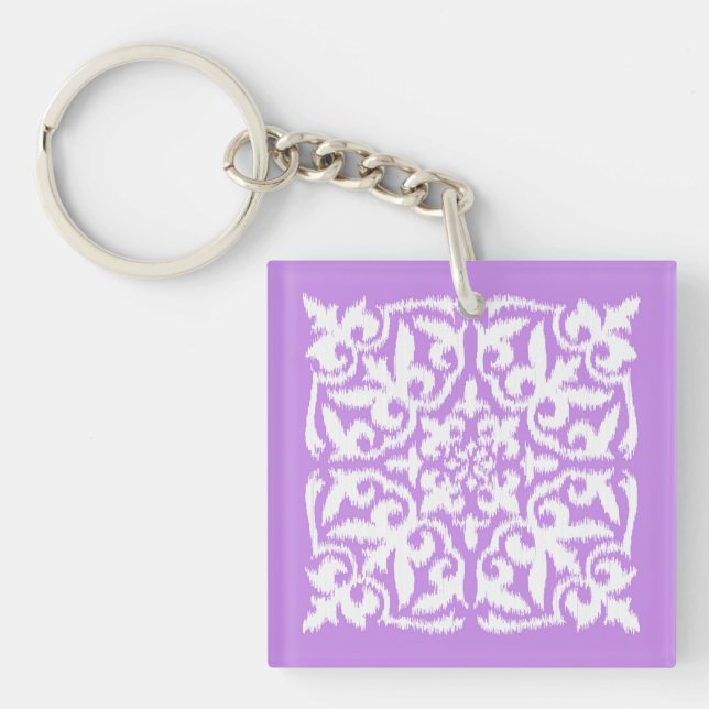 Ikat damask pattern - lavender and white keychain (Front)