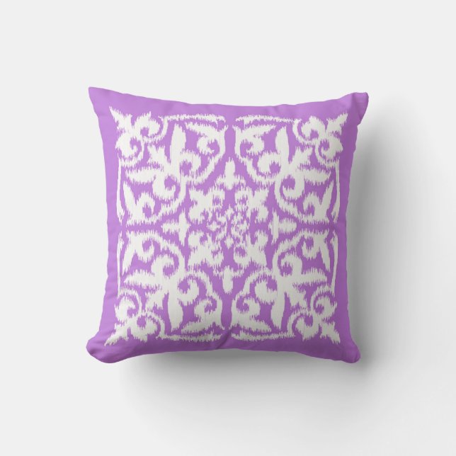 Ikat damask pattern - lavender and white throw pillow (Front)