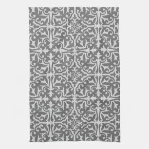 Ikat damask pattern - Light and Medium Grey Kitchen Towel