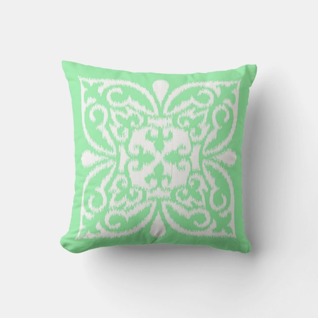 Ikat damask pattern - mint green and white throw pillow (Front)