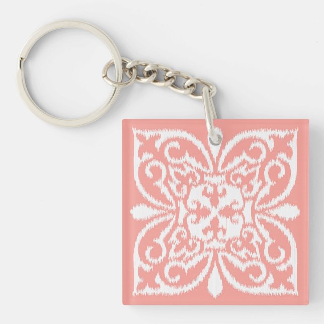 Ikat damask pattern - peach pink and white keychain (Front)
