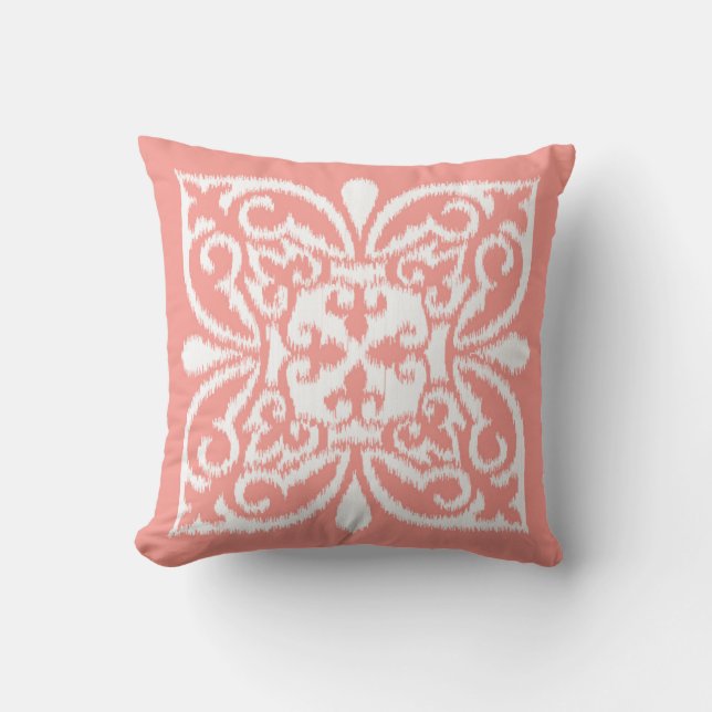 Ikat damask pattern - peach pink and white throw pillow (Front)