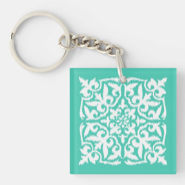 Ikat damask pattern - peacock blue and white keychain (Front)