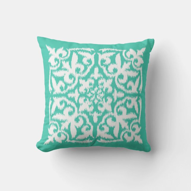 Ikat damask pattern - peacock blue and white throw pillow (Front)