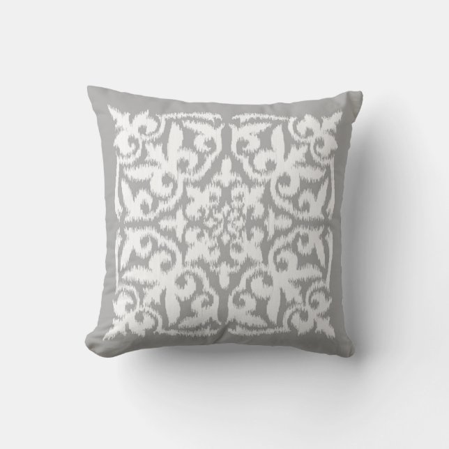 Ikat damask pattern - silver grey and white throw pillow (Front)