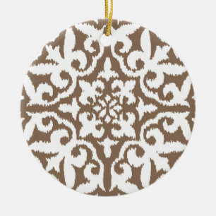 Ikat damask pattern - Taupe Tan and White Ceramic Ornament