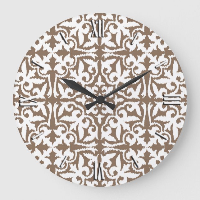 Ikat damask pattern - Taupe Tan and White Large Clock (Front)
