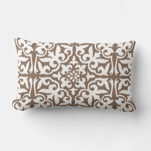 Ikat damask pattern - Taupe Tan and White Lumbar Pillow (Front)