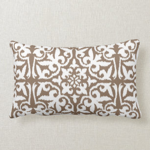 Ikat damask pattern - Taupe Tan and White Lumbar Pillow
