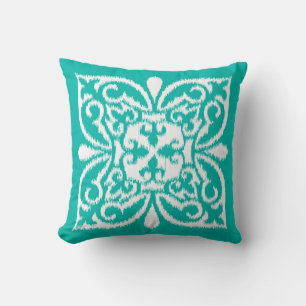 Ikat damask pattern - turquoise and white throw pillow