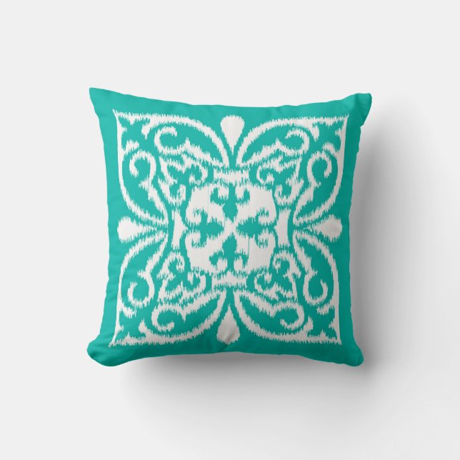 Ikat damask pattern - turquoise and white throw pillow (Front)