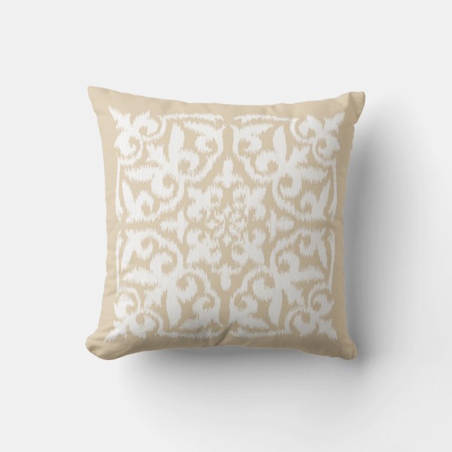 Ikat damask pattern - warm beige and white throw pillow (Front)
