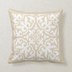 Ikat damask pattern - warm beige and white throw pillow
