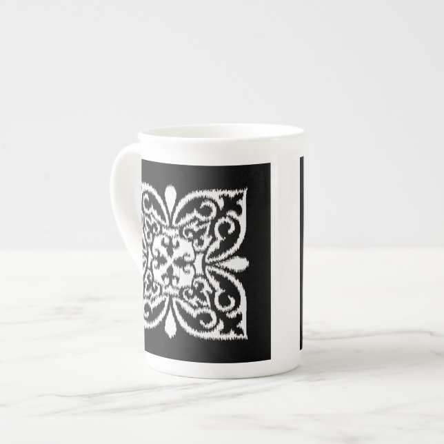 Ikat damask pattern - white and black bone china mug (Front Left)