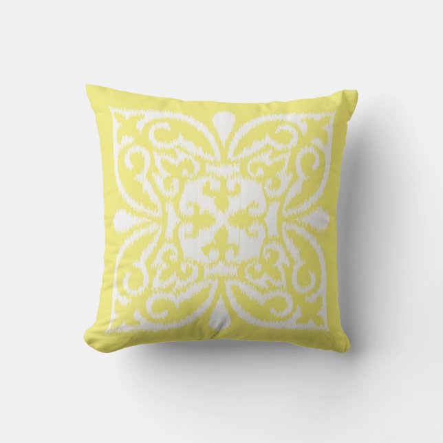Ikat damask pattern - yellow and white throw pillow (Front)