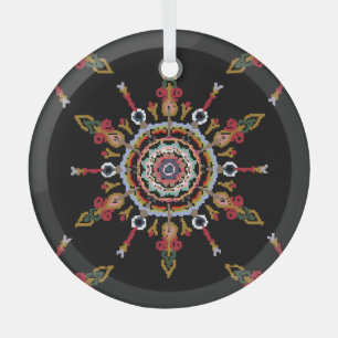 Ikat Damask Red Green Vintage Glass Ornament