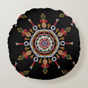 Ikat Damask Red Green Vintage Round Pillow