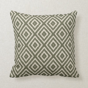 Ikat Diamond Pattern in Olive Green and Cream Throw Pillow