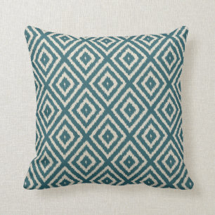 Ikat Diamond pattern Teal and Cream Throw Pillow