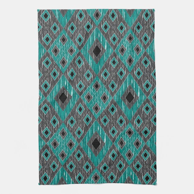 Ikat Diamond Pattern - Teal Black Kitchen Towel (Vertical)