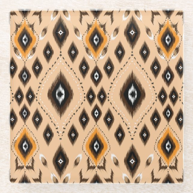 Ikat Ethnic Geometric Folklore Pattern Glass Coaster (Front)