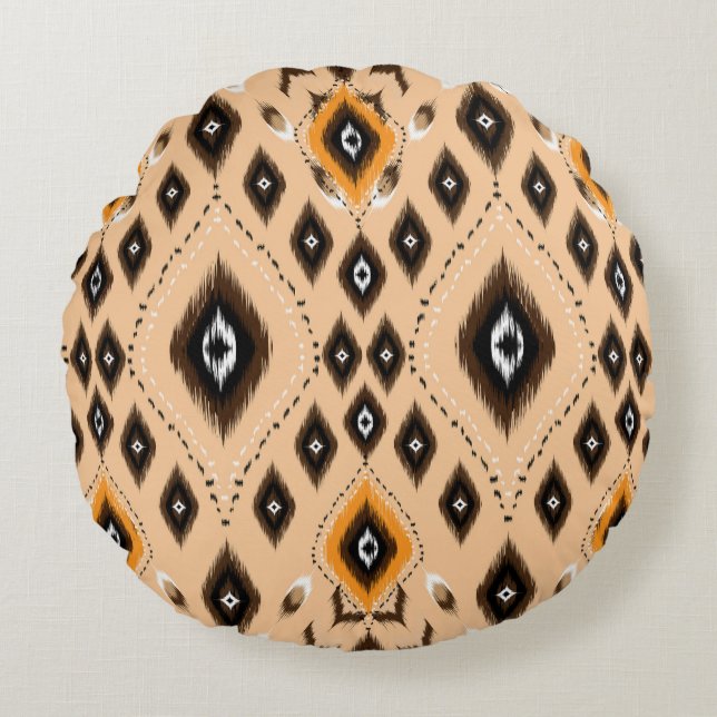 Ikat Ethnic Geometric Folklore Pattern Round Pillow (Front)