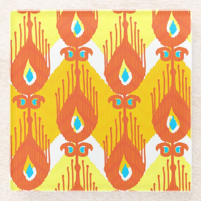 Ikat Fabric Pattern: Ethnic Vintage Design. Glass Coaster (Front)
