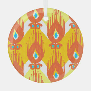 Ikat Fabric Pattern: Ethnic Vintage Design. Glass Ornament